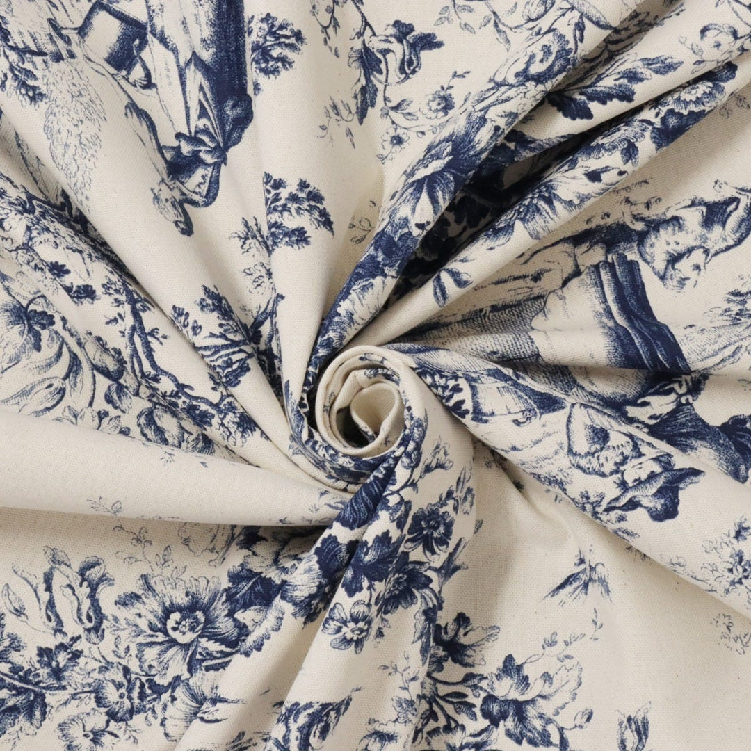 Amelie Pastoral Toile Blue on Cream Double Width Fabric