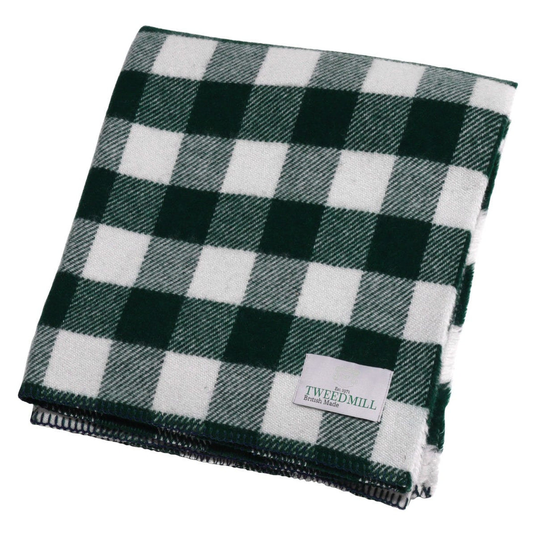 Tweedmill Pine Green Check Blanket Stitch Wool Throw